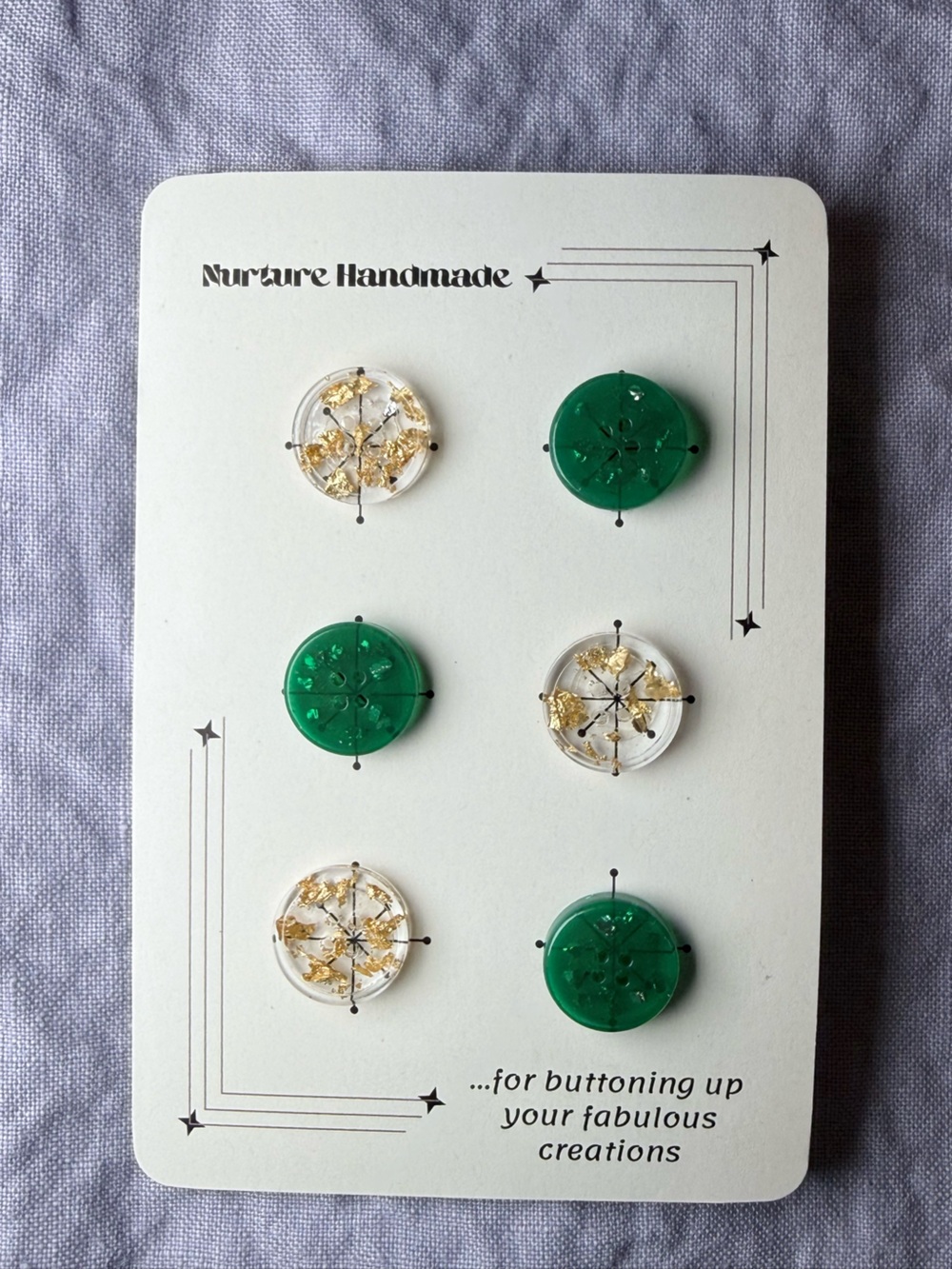 Green and Clear Decorative Wearable Buttons with Gold Accent